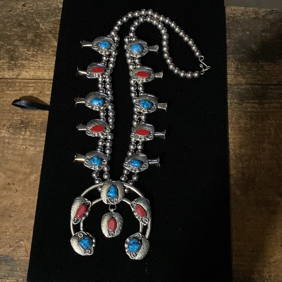 Native American Indian Squash Blossom Necklace measuring 32” long x 3 1/4” wide. - Picture 2 of 9